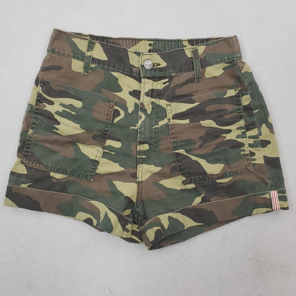 Sundry Shorts Womens 25 Green Camo Utility Twill Flag Hem Casual USA MADE